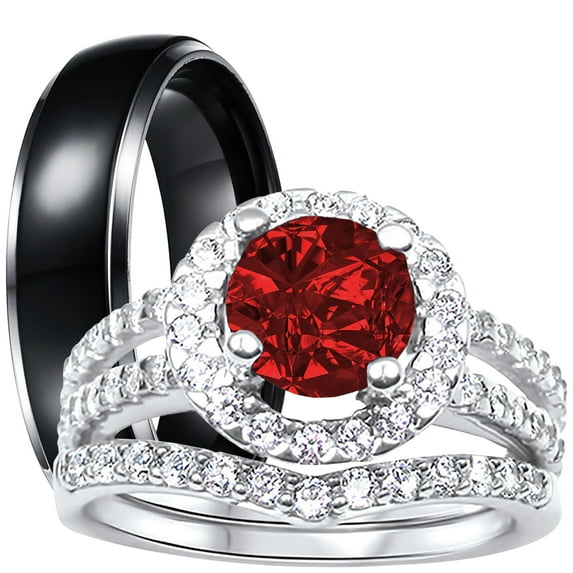 LaRaso & Co His Hers Wedding Rings Ruby Red CZ Black Silver Wedding Engagement Couples Rings Set 10/12