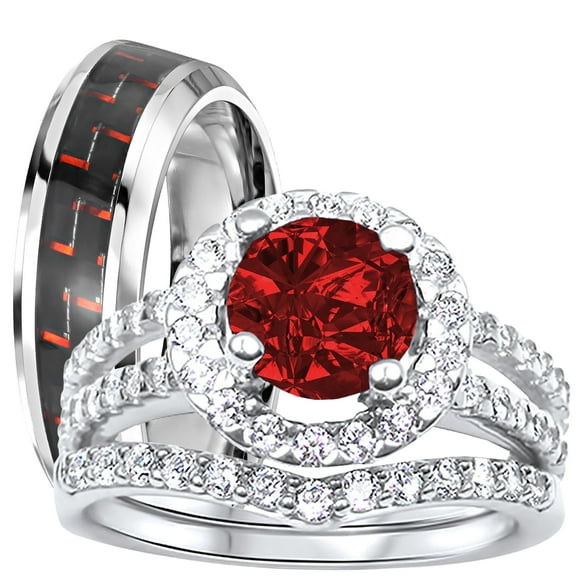 LaRaso & Co His Hers Wedding Rings Ruby Red CZ July Birthstone Wedding Engagement Couples Rings Set 10/10