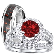 LaRaso & Co His Hers Wedding Rings Ruby Red CZ July Birthstone Wedding Engagement Couples Rings Set 10/11