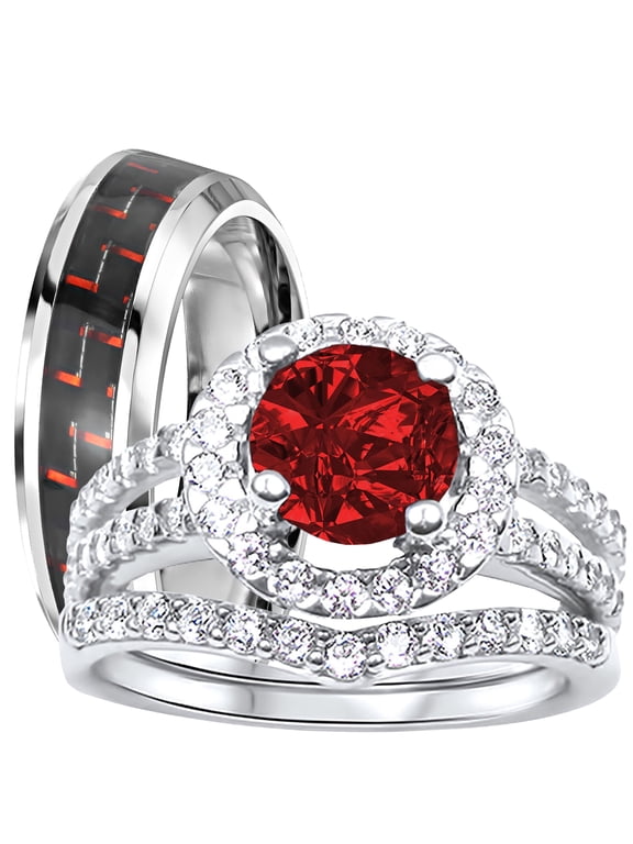 His Hers Wedding Rings Ruby Red CZ July Birthstone Wedding Engagement Couples Rings Set 10/8