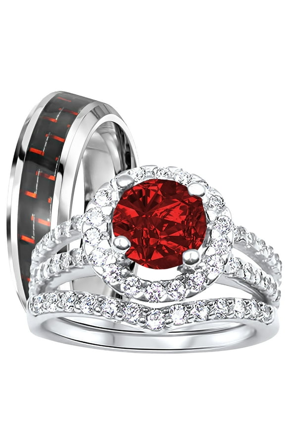 His Hers Wedding Rings Ruby Red CZ July Birthstone Wedding Engagement Couples Rings Set 10/8