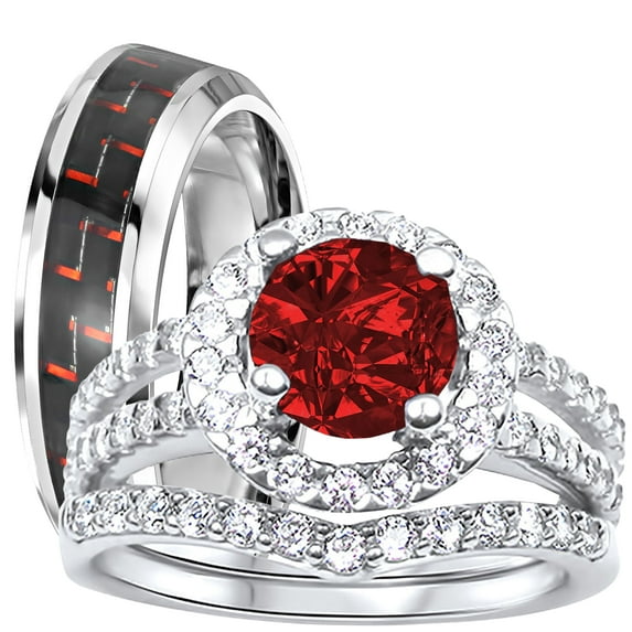 LaRaso & Co His Hers Wedding Rings Ruby Red CZ July Birthstone Wedding Engagement Couples Rings Set 9/11