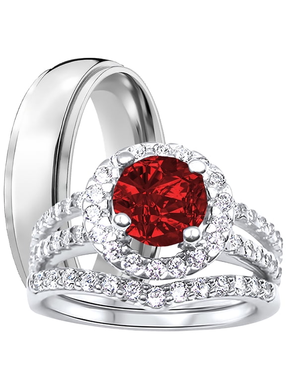 His Hers Wedding Rings Ruby Red CZ Silver Titanium Wedding Engagement Couples Rings Set 10/10