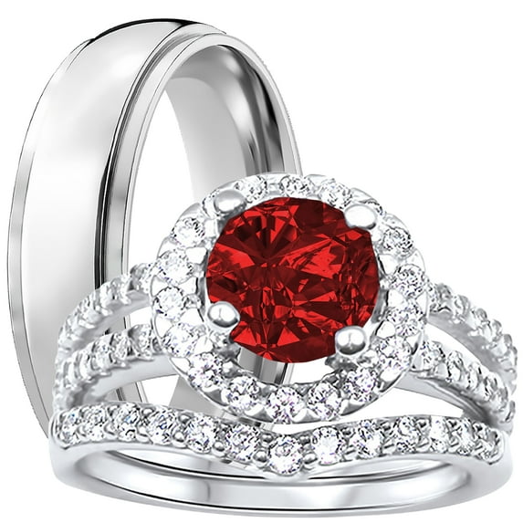 LaRaso & Co His Hers Wedding Rings Ruby Red CZ Silver Titanium Wedding Engagement Couples Rings Set 10/9
