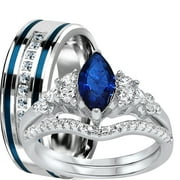 LARASO & CO His Hers Wedding Rings Set Silver Steel Sapphire Blue Engagement Couples TRIO Rings 8/12