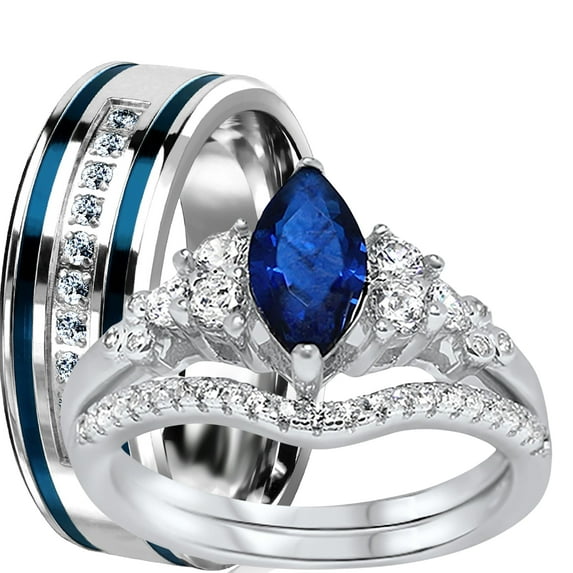LaRaso & Co His Hers Wedding Rings Set Silver Steel Sapphire Blue Engagement Couples TRIO Rings 9/10