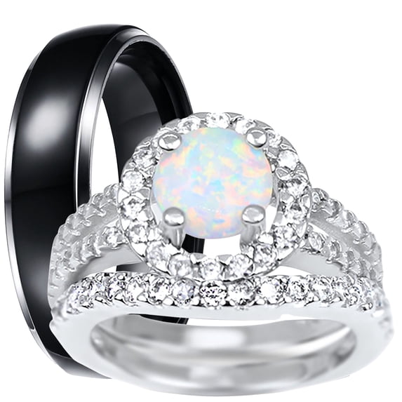LaRaso & Co His Hers Wedding Rings White Opal Black Silver Wedding Engagement Couples Rings Set 6/11