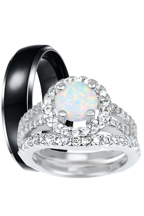 His Hers Wedding Rings White Opal Black Silver Wedding Engagement Couples Rings Set 7/13