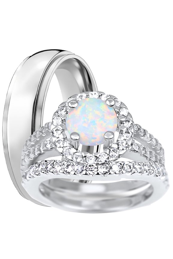 His Hers Wedding Rings White Opal Silver Titanium Wedding Engagement Couples Rings Set 5/13
