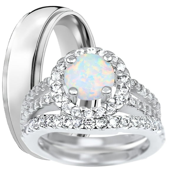 LaRaso & Co His Hers Wedding Rings White Opal Silver Titanium Wedding Engagement Couples Rings Set 8/8