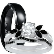 LaRaso & Co His Hers Wedding Ring Set 3 Piece TRIO Matching Couples Rings Silver Black Titanium Hers 7 His 10