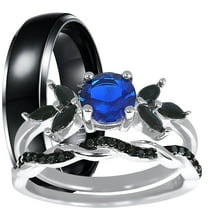 LaRaso & Co His Hers Wedding Set 3 Piece TRIO Matching Couples Rings Silver Black Titanium Hers 7 His 10