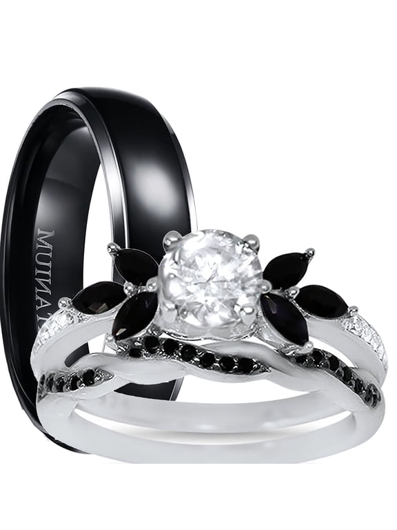 His Hers Wedding Ring Set 3 Piece TRIO Matching Couples Rings Silver Black Titanium Hers 7 His 9