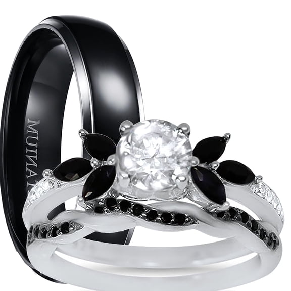 LaRaso & Co His Hers Wedding Ring Set 3 Piece TRIO Matching Couples Rings Silver Black Titanium Hers 8 His 11