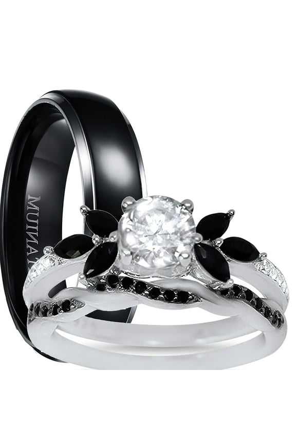 His Hers Wedding Ring Set 3 Piece TRIO Matching Couples Rings Silver Black Titanium Hers 8 His 9