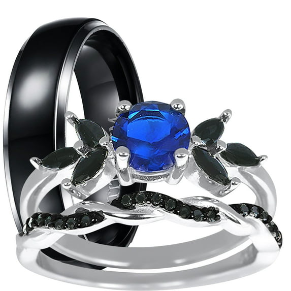 LaRaso & Co His Hers Wedding Set 3 Piece TRIO Matching Couples Rings Silver Black Titanium Hers 9 His 10