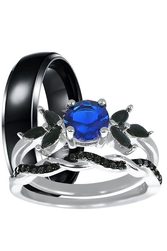 His Hers Wedding Set 3 Piece TRIO Matching Couples Rings Silver Black Titanium Hers 9 His 10