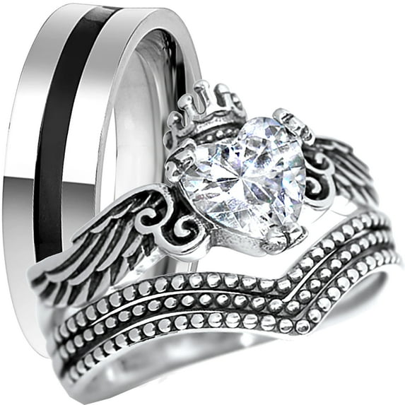 LaRaso & Co His Her Wedding Ring Set 3 Piece TRIO Matching Couples Rings Sterling Silver Steel 10 13