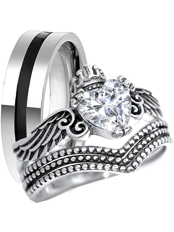 His Her Wedding Ring Set 3 Piece TRIO Matching Couples Rings Sterling Silver Steel 7 9