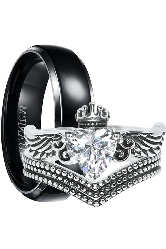 His Her Wedding Set 3 Piece TRIO Matching Couples Rings Sterling Silver Titanium 9 11