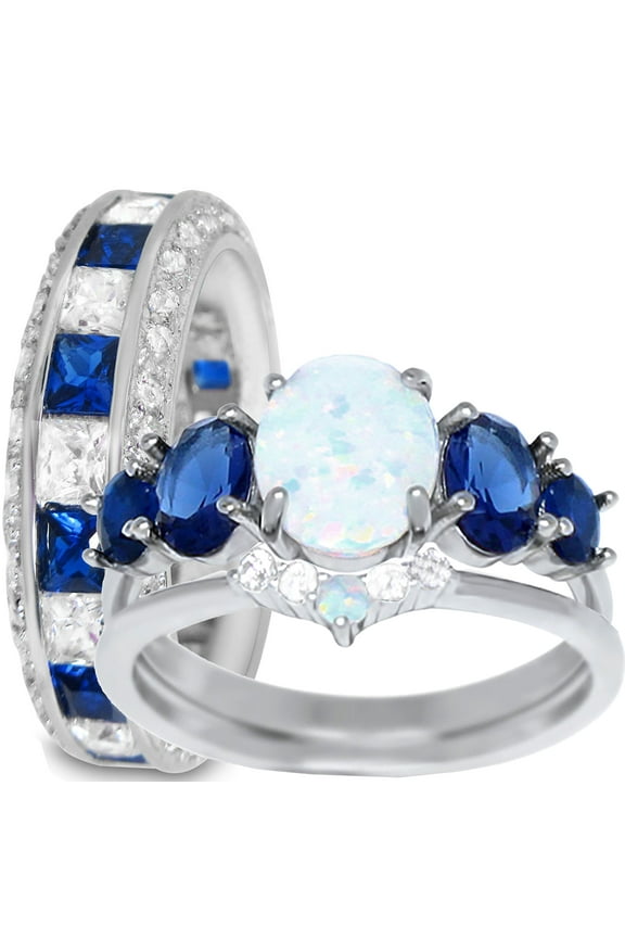 His Hers Wedding Set 3 Piece TRIO Opal Blue Sapphire CZ Couples Rings Bride Groom 7/8