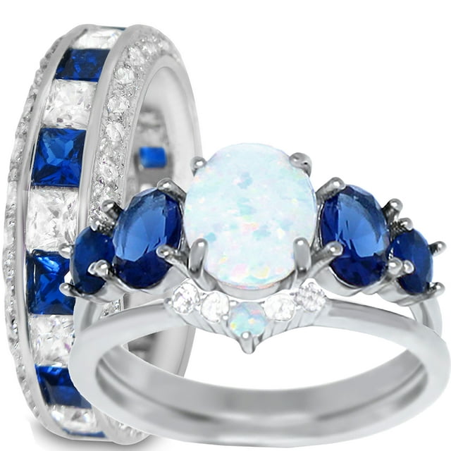 His Hers Wedding Set 3 Piece TRIO Opal Blue Sapphire CZ Silver Rings ...