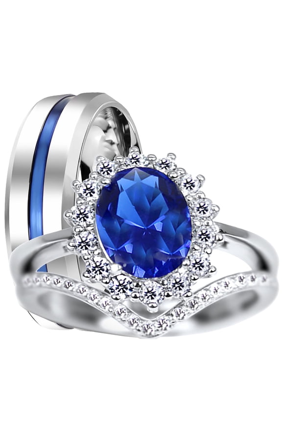 His Her Blue Wedding Rings TRIO 3 Piece Wedding Ring Set 5/10