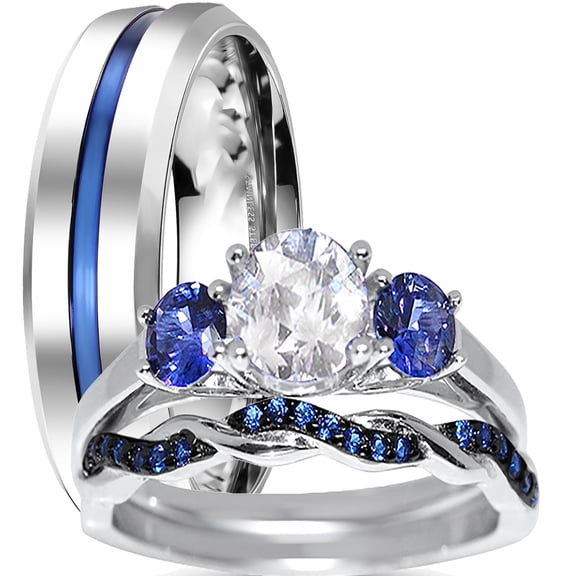 LaRaso & Co His Hers Wedding Set 3 PCS TRIO Blue Simulated Sapphire CZ Silver Rings for Men Women 7/10