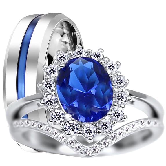 LaRaso & Co His Her Blue Wedding Rings TRIO 3 Piece Wedding Ring Set 7/11