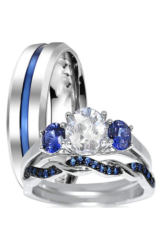 His Hers Wedding Set 3 PCS TRIO Blue Simulated Sapphire CZ Silver Rings for Men Women 7/9