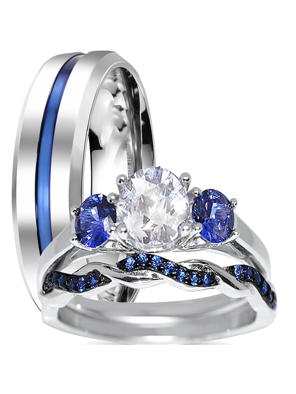 His Hers Wedding Set 3 PCS TRIO Blue Simulated Sapphire CZ Silver Rings for Men Women 8/12