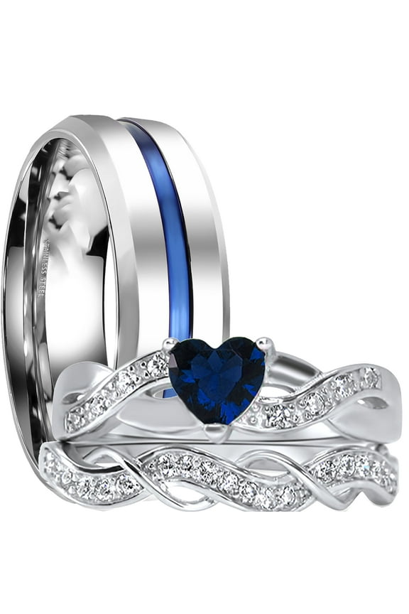 His Her Blue Wedding Rings TRIO 3 Piece Wedding Ring Set Men Women 9/10