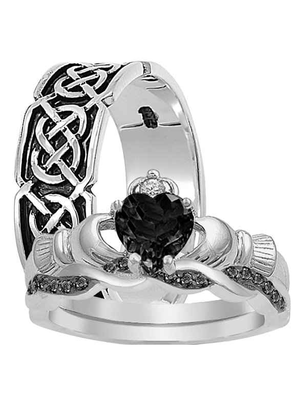 His Hers Wedding Set Silver Black CZ Celtic Claddagh Couples Engagement Rings