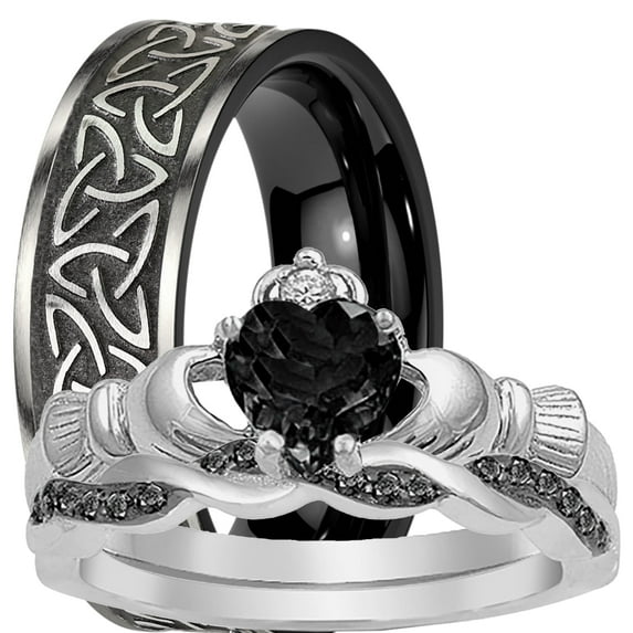 LaRaso & Co Black His Her Wedding Rings Celtic Claddagh Bridal Couples Engagement Rings Sizes 7 9