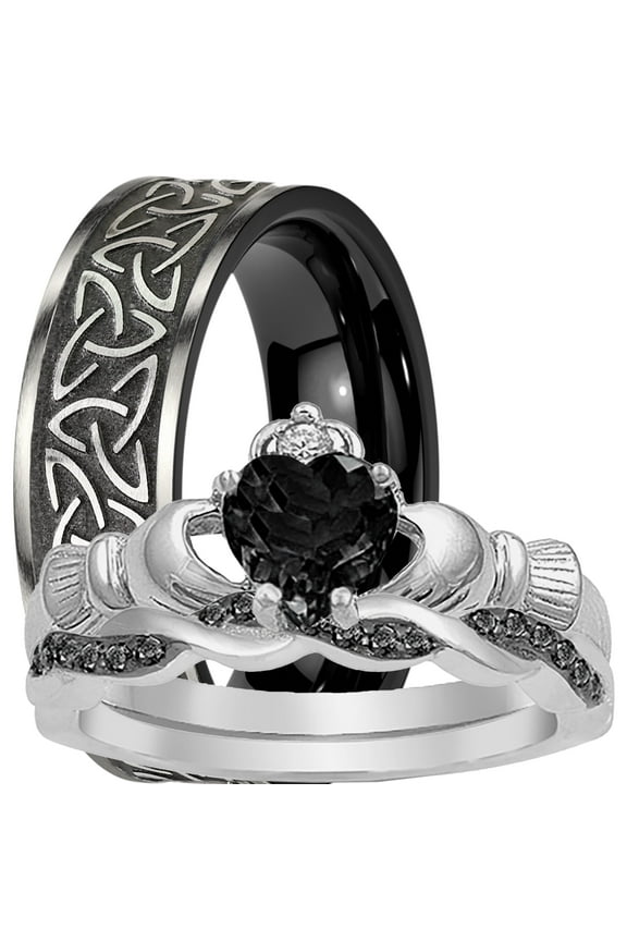 Black His Her Wedding Rings Celtic Claddagh Bridal Couples Engagement Rings Sizes 7 9