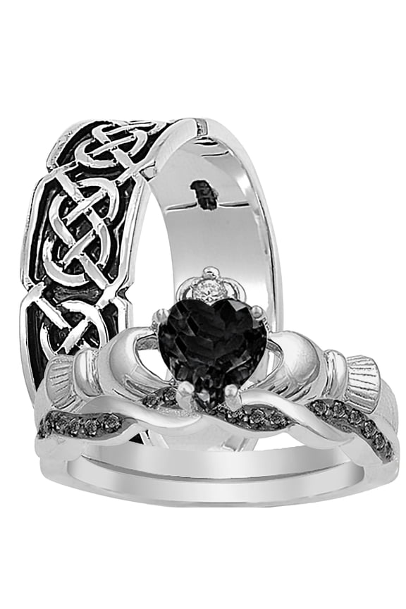 His Her TRIO Wedding Set Black Silver Celtic Claddagh Wedding Rings 8 11