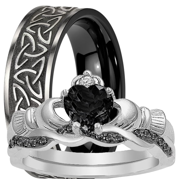LaRaso & Co Black His Her Wedding Rings Celtic Claddagh Bridal Couples Engagement Rings Sizes 8 9