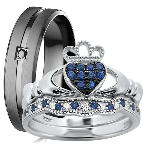 LaRaso & Co His and Hers Wedding Set Blue CZ Simulated Sapphire Celtic Claddagh Bridal Couples Engagement Rings Sizes 6 9