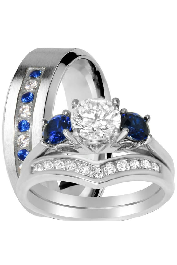 His Hers Wedding Ring Set Blue Simulated SapphireSilver TRIO Wedding Rings Bride Groom 8/12