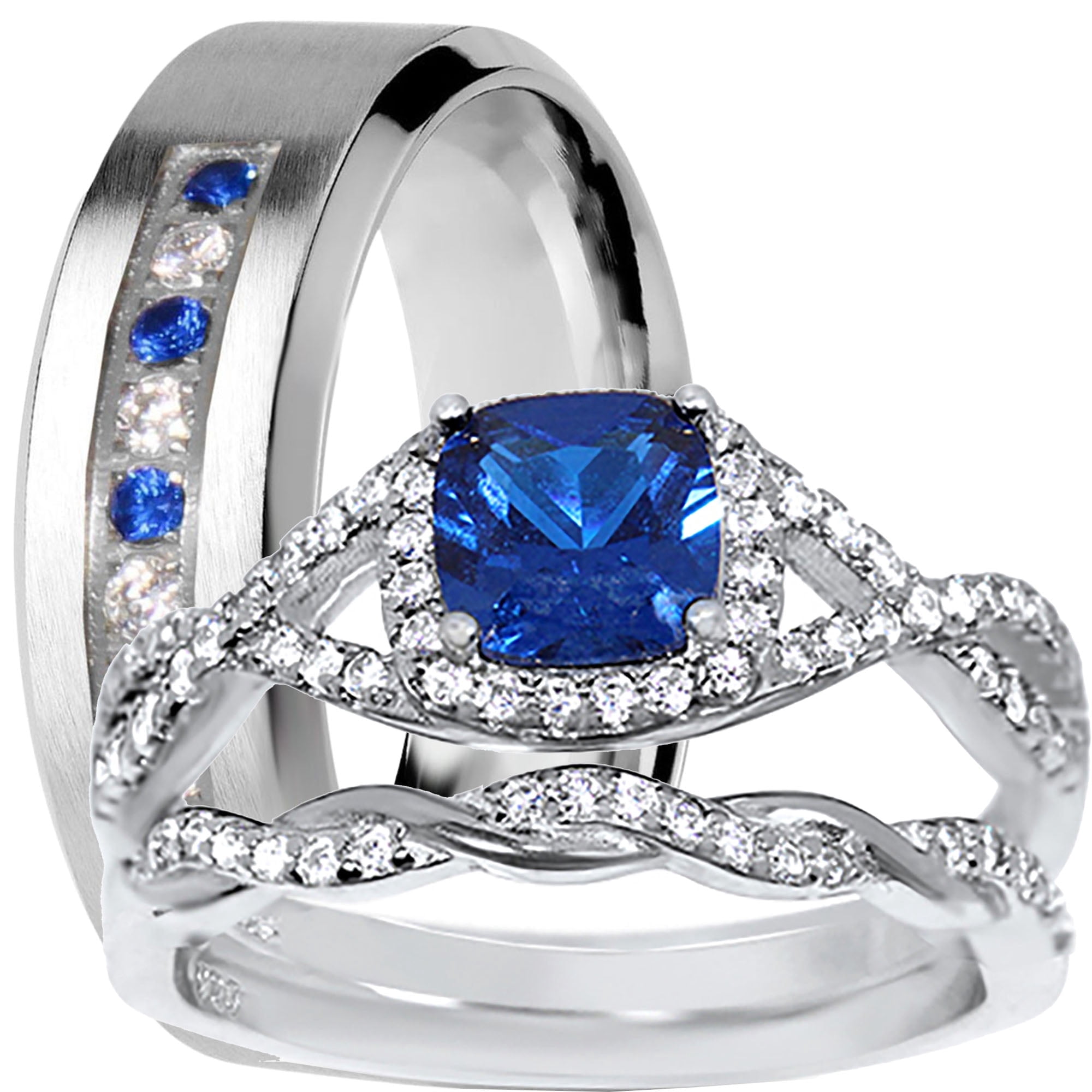 LaRaso & Co His Hers Wedding Set Blue Sapphire CZ Silver Bridal LaRaso & Co His Hers Wedding Set Blue Sapphire CZ Silver Bridal