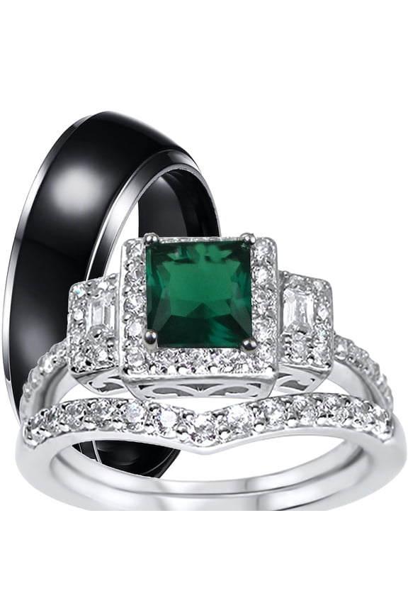 His Hers Wedding Set Emerald Green CZ Engagement Ring Bridal for Women 5 Men 11