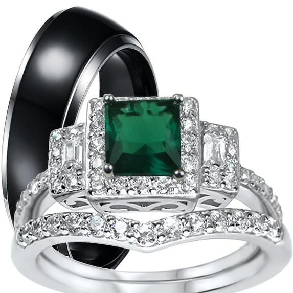 LaRaso & Co His Hers Wedding Set Emerald Green CZ Engagement Ring Bridal for Women 6 Men 10