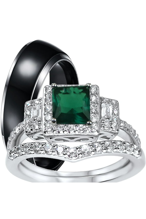 His Hers Wedding Set Emerald Green CZ Engagement Ring Bridal for Women 7 Men 10