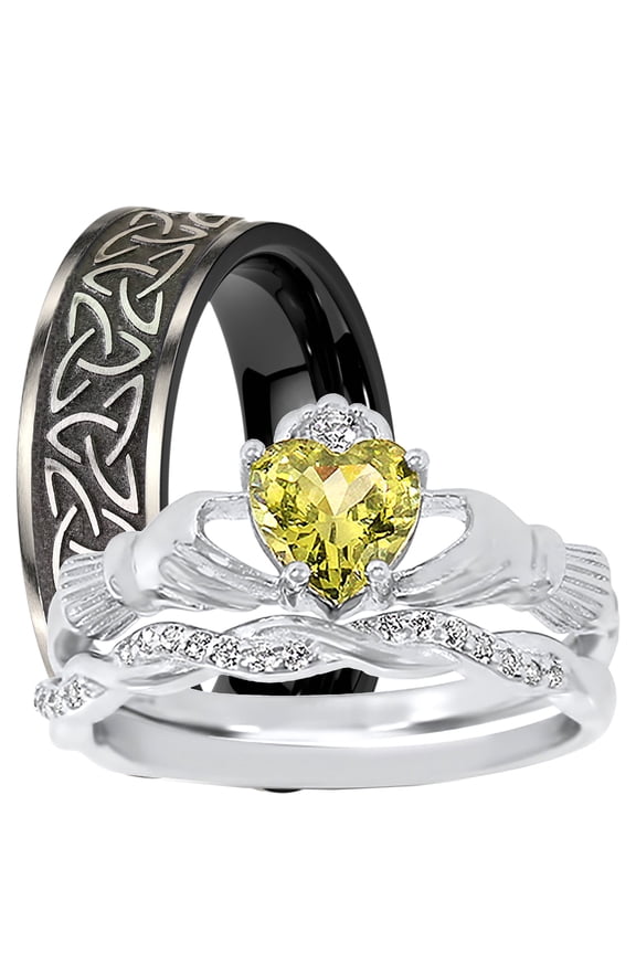 Green Black His Her Wedding Rings Celtic Claddagh Bridal Couples Engagement Rings Sizes 11 11