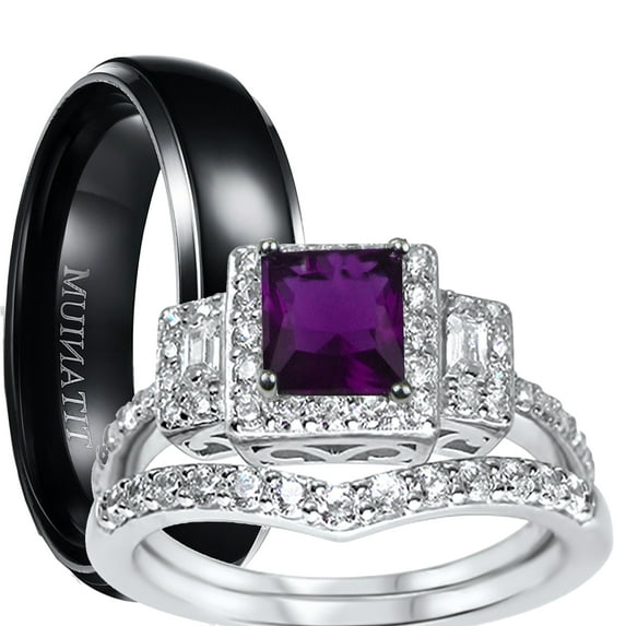 His Hers Wedding Set Purple Amethyst CZ Engagement Ring Bridal Bands for Women Size 11 Men Size 12