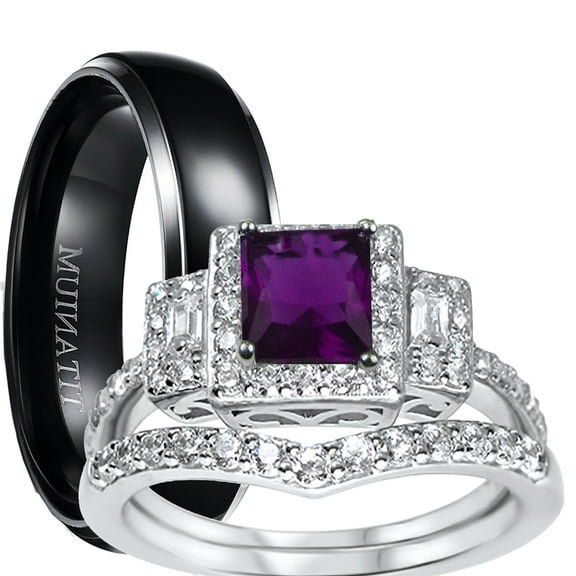 His Hers Wedding Set Purple Amethyst CZ Engagement Ring Bridal Bands for Women Size 12 Men Size 13