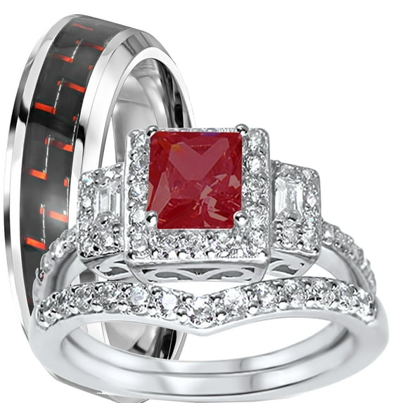 LaRaso & Co His Her Red Black Wedding Set Ruby CZ Engagement Wedding Set for Women 12 Men 9