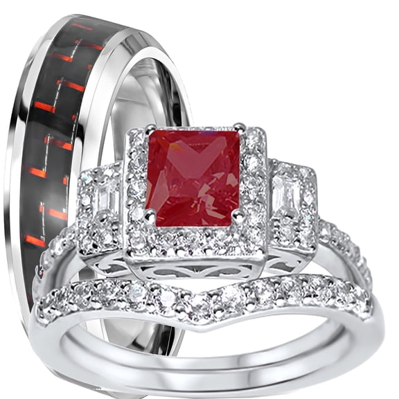 LaRaso & Co His Her Red Black Wedding Set Ruby CZ Engagement Wedding Set for Women 6 Men 10