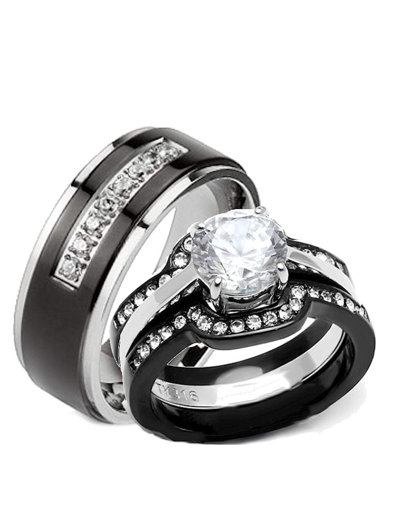 His Hers Women and Men 4 Piece Black Stainless Steel Wedding Ring Set His Hers Women and Men 4 Piece Black Stainless Steel Wedding Ring Set