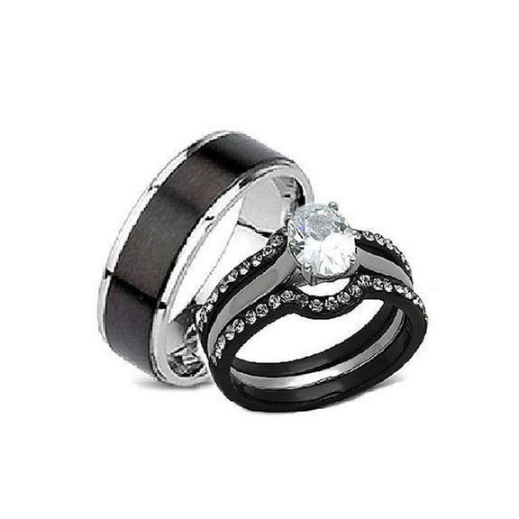 His Hers Women and Men 4 Piece Wedding Engagement Ring Set Black Stainless Steel Band